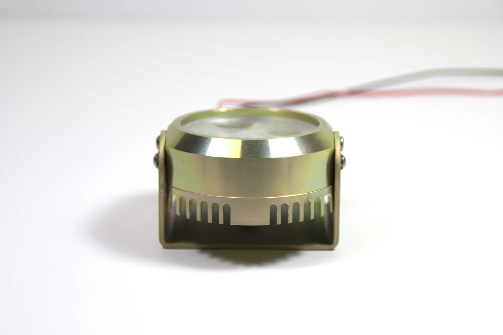 PWI LED logo light &mdash; rear heatsink view with lead wires