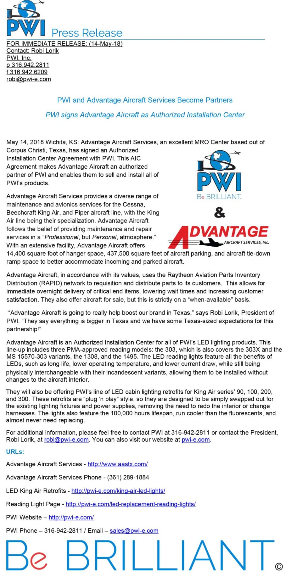 PWI and Advantage Aircraft Services Partners PWI, Inc.