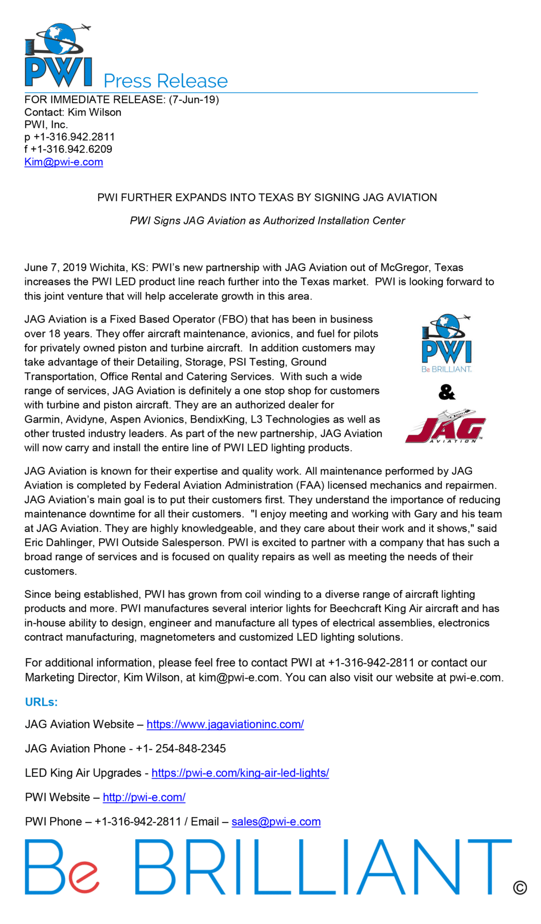 PWI Signs JAG Aviation as Authorized Installation Center PWI, Inc.